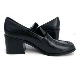 NWOT CALVIN KLEIN Black Block Heel Leather Slip On Loafers Squared Toe Box, 10M